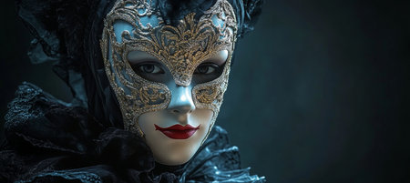 Elegant Venetian Masquerade Portrait of a Stunning Woman in Ornate Gilded Mask, Festival Fantasyの素材