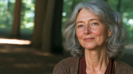 Elegant Senior Woman with Gray Hair Radiating Confidence and Happiness in a Natural Outdoor Settingの素材