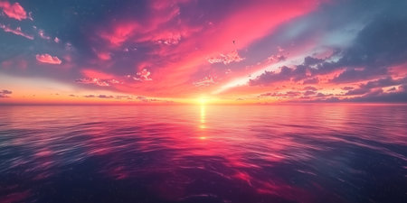 Breathtaking Sunset Over the Ocean with Vibrant Pink Sky, Dramatic Clouds, and Golden Reflectionsの素材