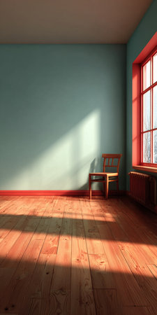 Bright and Airy Empty Room Interior with Light Wood Floor, Vintage Decor, and Sunlight Streaming Inの素材