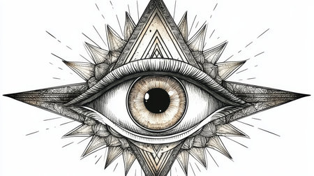Intricate Monochromatic Line Art Symbol Featuring a Majestic Eye and Occult Iconography Elementsの素材