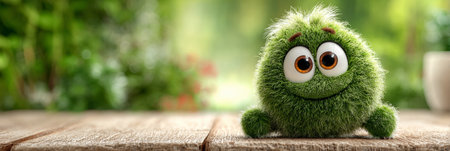 Adorable Smiling Green Furry Creature with Big Eyes and Fluffy Fur Ball on Wooden Table Backgroundの素材