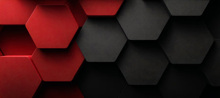 Abstract Geometric Composition with Seamless Hexagon Mosaic Pattern in Red and Black Colors.の素材