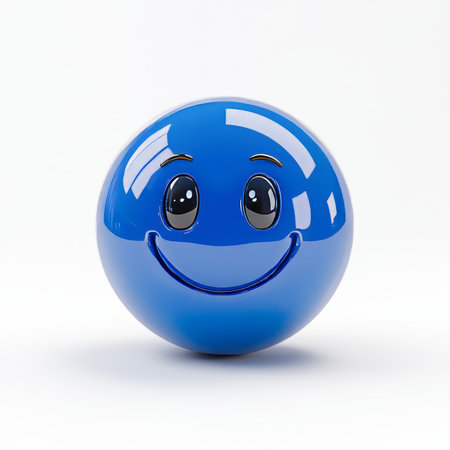 3D Vibrant Isolated Expressionless Emoji Face with Glossy Texture on Dark Blue Background Sphereの素材