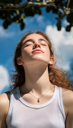 Serene Woman Inhaling Nature s Freshness, Breathtaking Blue Sky and Tranquil Forest Surroundingsの素材