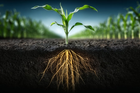 Early Corn Growth Advancement Shows Emerging Maize Seedling Stage Against Blue Sky Backgroundの素材