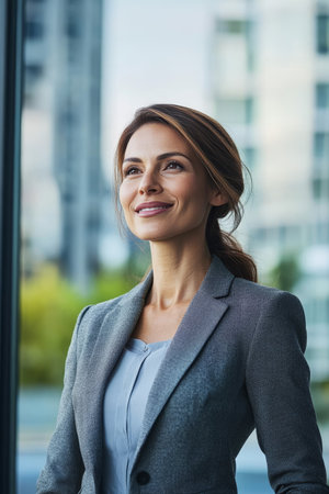 Ambitious European Professional Anticipating Success on Skyline, Reflecting Confidenceの素材