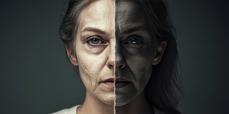 Split Face of Woman Illustrating Human Aging Process with Youthful and Wrinkled Skin Contrastの素材