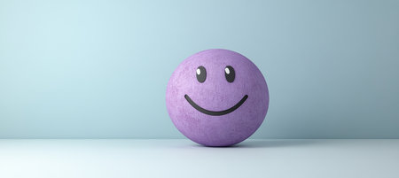 Charming 3D Purple Emoji with Big Eyes and Cheerful Expression on Isolated Backgroundの素材