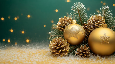 Elegant Radiant Gold Christmas Ornaments with Star Accents on a Beautiful Blurred Holiday Backgroundの素材