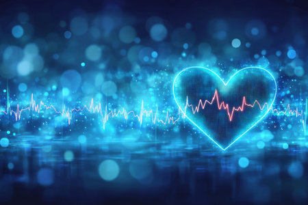 Vivid Neon Heart Shape Pulsating with a Heartbeat Line Against a Soft Bokeh Background for Wellnessの素材