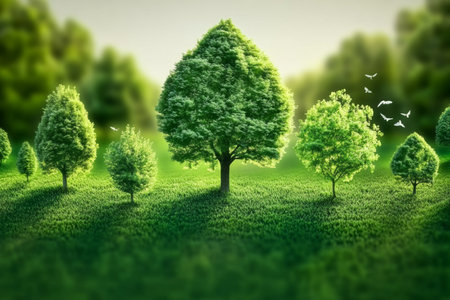 Lush Eco Garden Surrounded by Vibrant Trees and Natural Beauty Showcasing a Healthy Environmentの素材