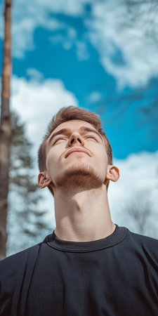 Young man meditating peacefully with closed eyes in a serene forest under a calming sky view.の素材