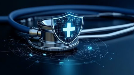 Digital Health Security Paradigm with Futuristic Stethoscope and Medical Symbol Conceptの素材