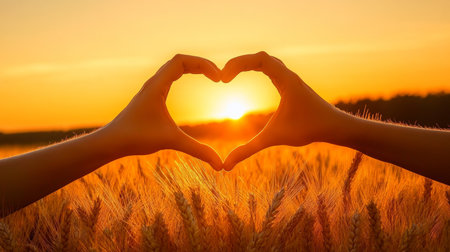 Heart Silhouette at Sunset with Two Hands Showing Love in Nature, Golden Wheat Backlit Harmonyの素材