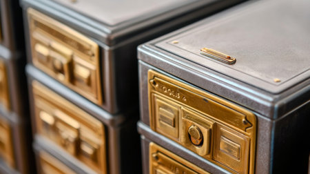 Vintage Metallic Rows with Secure Gold Trim Containers in Banks for Private Treasure Storageの素材