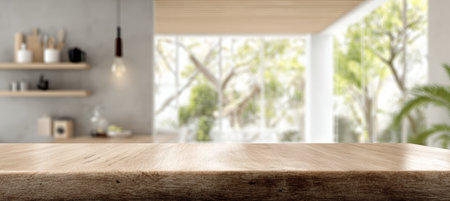 Bright Wooden Surface in a Modern Home Setting Ideal for Product Presentation and Mockup Displaysの素材