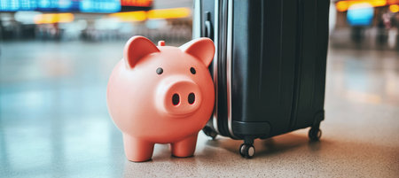 Vacation Fund Savings Piggy Bank Next to Suitcase Preparing for an Exciting Trip and Adventureの素材