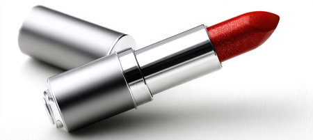 Elegant and Sophisticated Scarlet Lipstick Tube Opened on a Clean White Background for Beauty Loversの素材