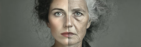 Metamorphosis A Stunning Contrast of Youth and Age in a Female Face Illustrating Timeless Beautyの素材