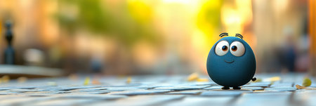 Whimsical Teal Orb Character with Expressive Gaze in a Vibrant Street Scene, Optimism and Joyの素材