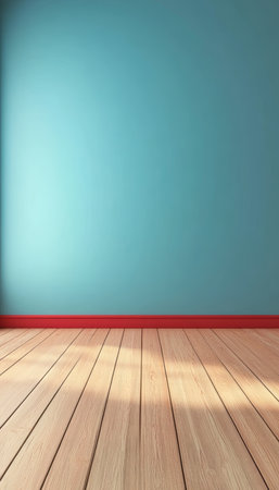 Bright turquoise wall studio with wooden floor and minimalist decor illuminated by natural light.の素材