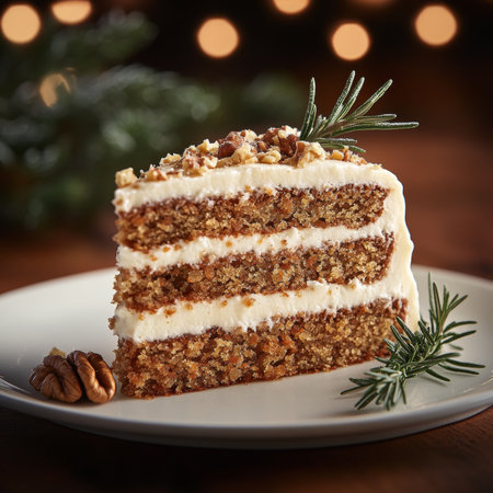 Layered Carrot Cake Slice with Cream Cheese Frosting and Walnuts, Festive Holiday Dessertの素材