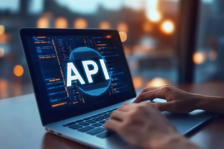 Software Engineer Coding on Laptop, Engaging with API for Digital Innovation and Developmentの素材