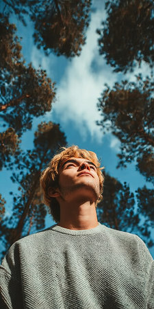 Young Boy Relaxing Under Treetops in Serene Mountain Setting, Eyes Closed, Dreaming Peacefullyの素材
