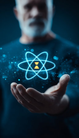 Futuristic Man Holding Glowing Atom Symbol in Palm, Representing Energy, Science, and Innovationの素材