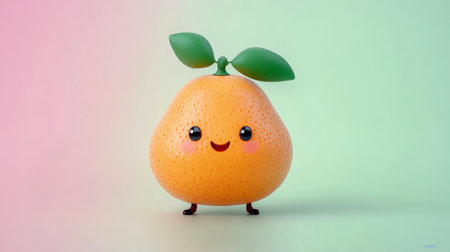 Playful Animated Orange Fruit Character Spreading Joy and Happiness on a Colorful Pastel Backgroundの素材