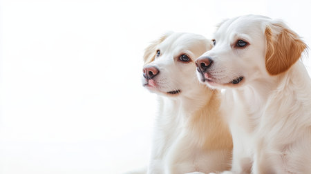 Two Affectionate Golden Retrievers Together in a Studio, Showcasing Their Friendship and Loveの素材