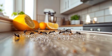 Ant Invasion on Crumpled Kitchen Countertop Illustrating Serious Hygiene Issues in Home Environmentの素材