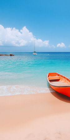 Serene Beach with Vibrant Orange Boat, Tropical Paradise Under Clear Blue Skies and Gentle Wavesの素材