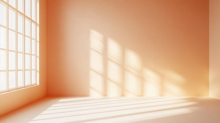 A Serene Pastel Studio Room with Warm Sunlight, Soft Shadows, and an Elegant Abstract Designの素材