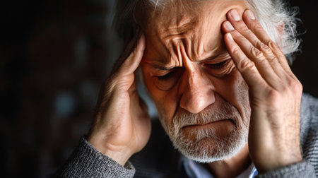 Close-up Portrait, Senior Man With Headache, Migraine, Anxiety Attack. Health Concept.の素材