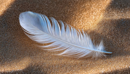Serene Beach Scene with Delicate White Feather on Soft Sunlit Sand, Capturing Nature s Tranquilityの素材