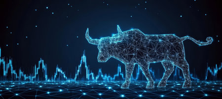 Futuristic Bull Symbolizing Market Success Surrounded by Advanced Trading Technology and Innovationの素材