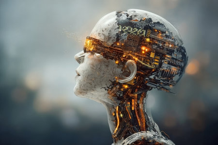 Futuristic Integrated Circuits Illuminating a Female Cybernetic Face, Showcasing AI and Automationの素材