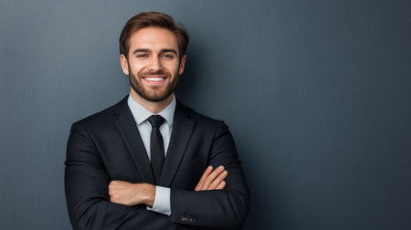 Confident young entrepreneur in formal attire exudes charm and professionalism while posing.の素材