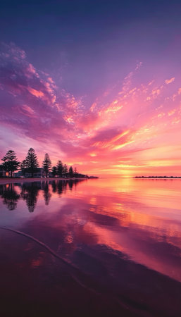 Breathtaking Ocean Sunset with Vibrant Colors Over Calm Waters and Scenic Coastal Views at Duskの素材