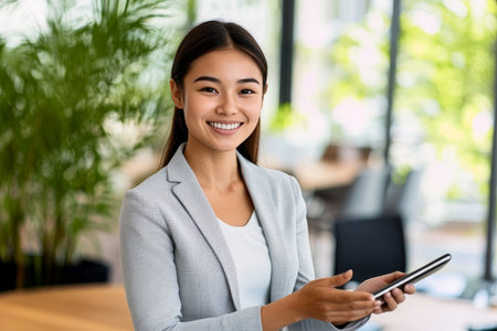 Confident business executive in a stylish blazer offering motivational support in a bright officeの素材