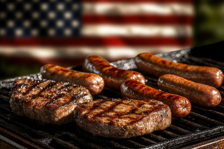 Sizzling BBQ Grill with Juicy Sausages and Steaks Surrounded by an American Flag for Celebrationsの素材
