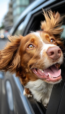 Adorable dog joyfully enjoying a car ride with its head out the window, ears flapping in the wind.の素材