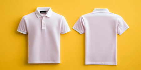 Stylish modern casual polo shirt design showcased on a vibrant yellow minimalist studio background.の素材