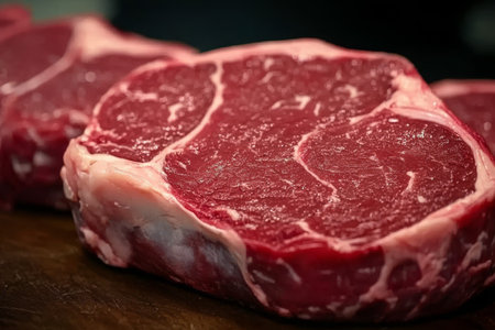 Angus Ribeye Cuts Fresh Red Marbled Culinary Meat for Quality Recipes and BBQ Cooking Displayの素材