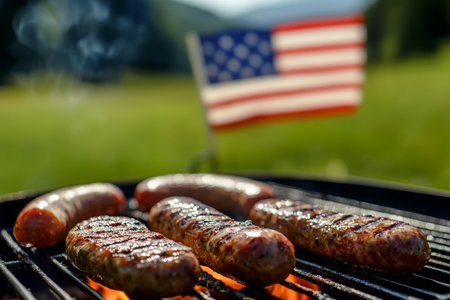 Grilled Sausages on a Barbecue with American Flag, Juicy Meat Close-Up for 4th of July Celebrationの素材
