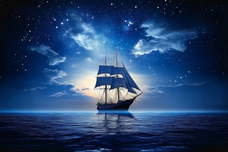 A Tranquil Nighttime Voyage Ship Sailing Under a Starry Sky Reflecting Dreams on the Ocean Wavesの素材
