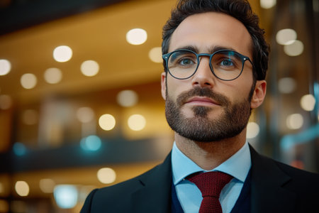 Confident young businessman in a professional setting, focused on achieving business success.の素材