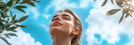 Serene Woman Breathing Deeply in Fresh Air, Gazing Up at the Whispering Olive Tree Limbs Aboveの素材